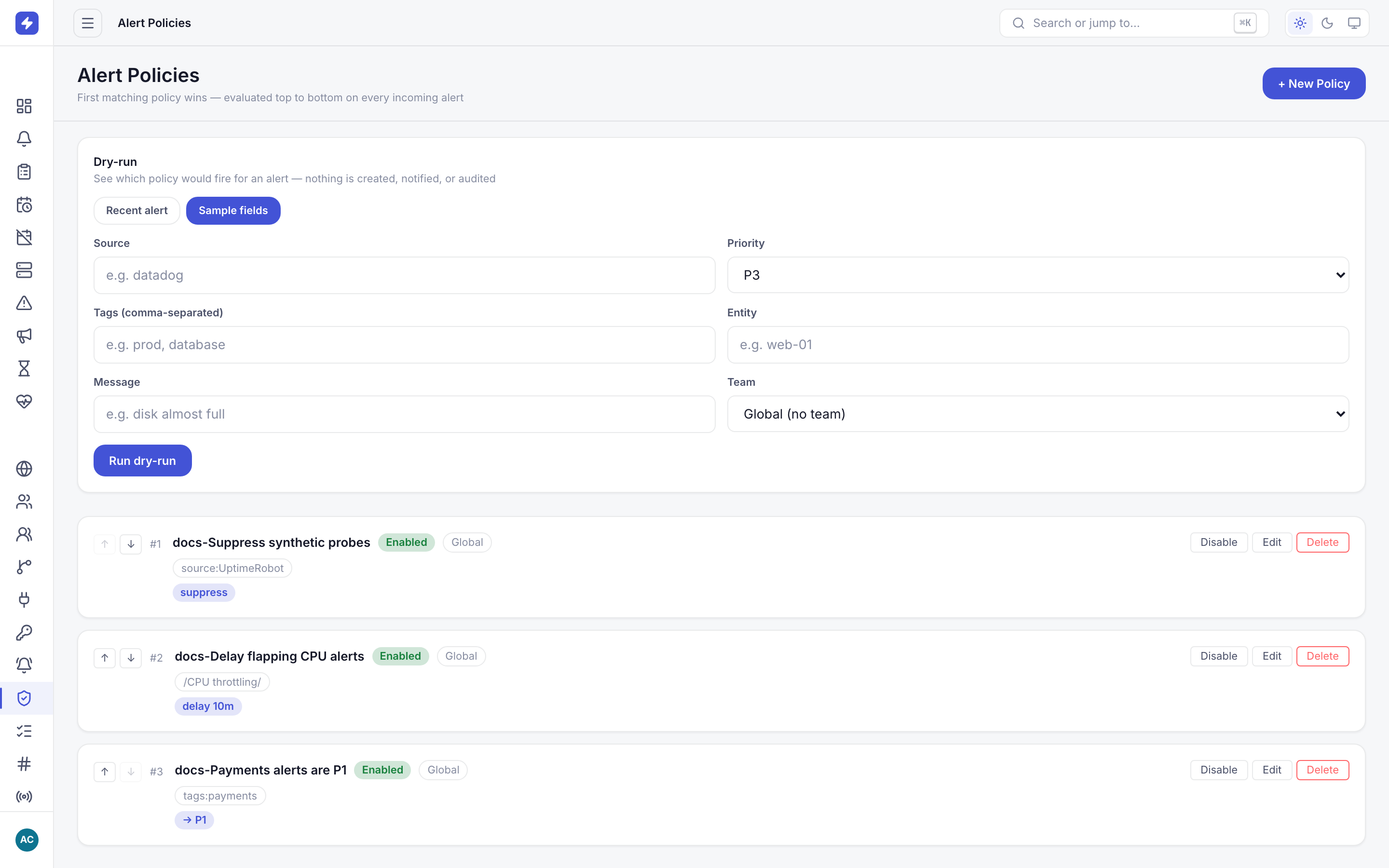OpsPing alert policies admin page with ordered policy list