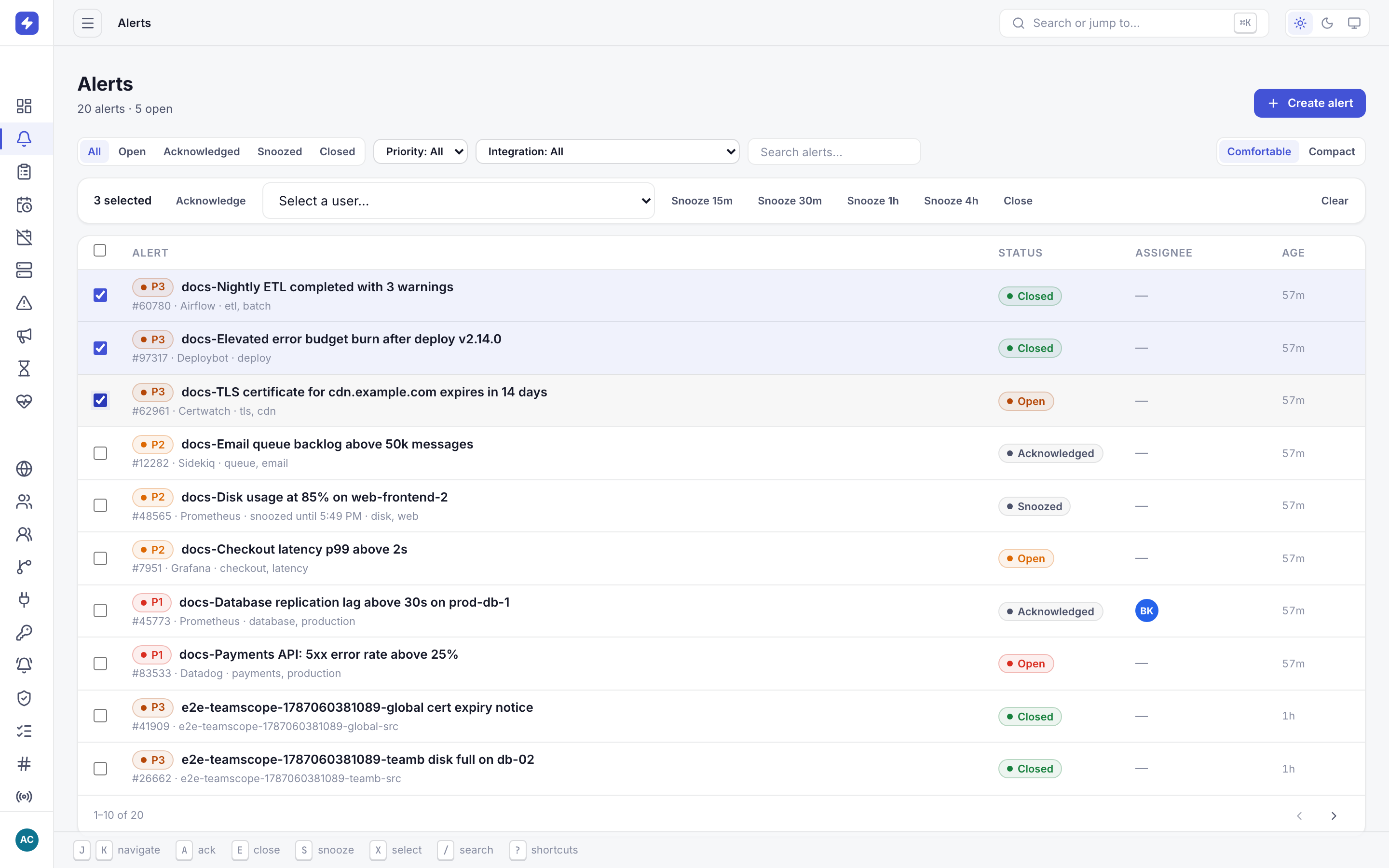 Alerts list with three rows checked and the bulk action bar visible at the top