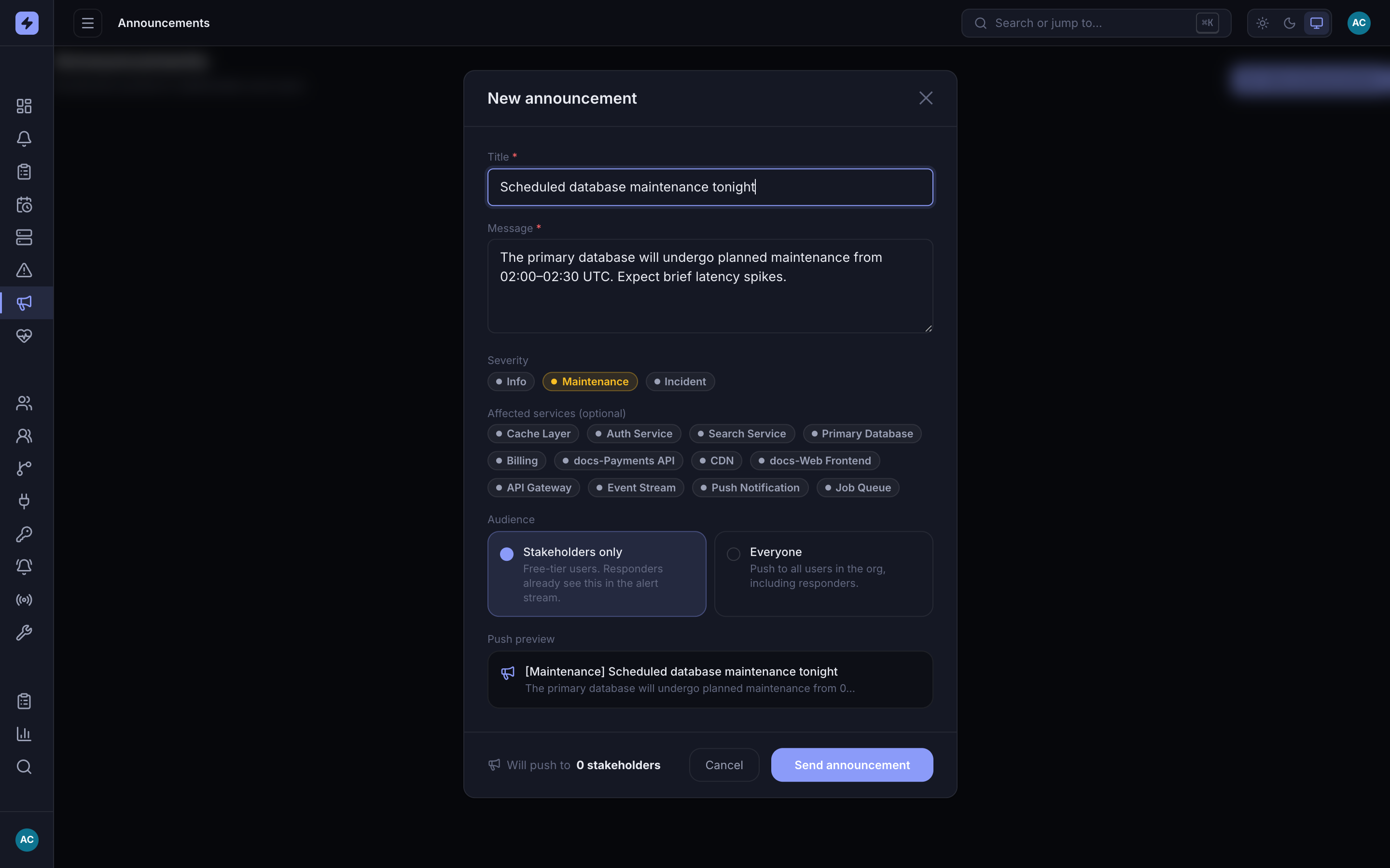 New announcement composer with a maintenance-severity title 'Scheduled database maintenance tonight', a message body, and a live push preview