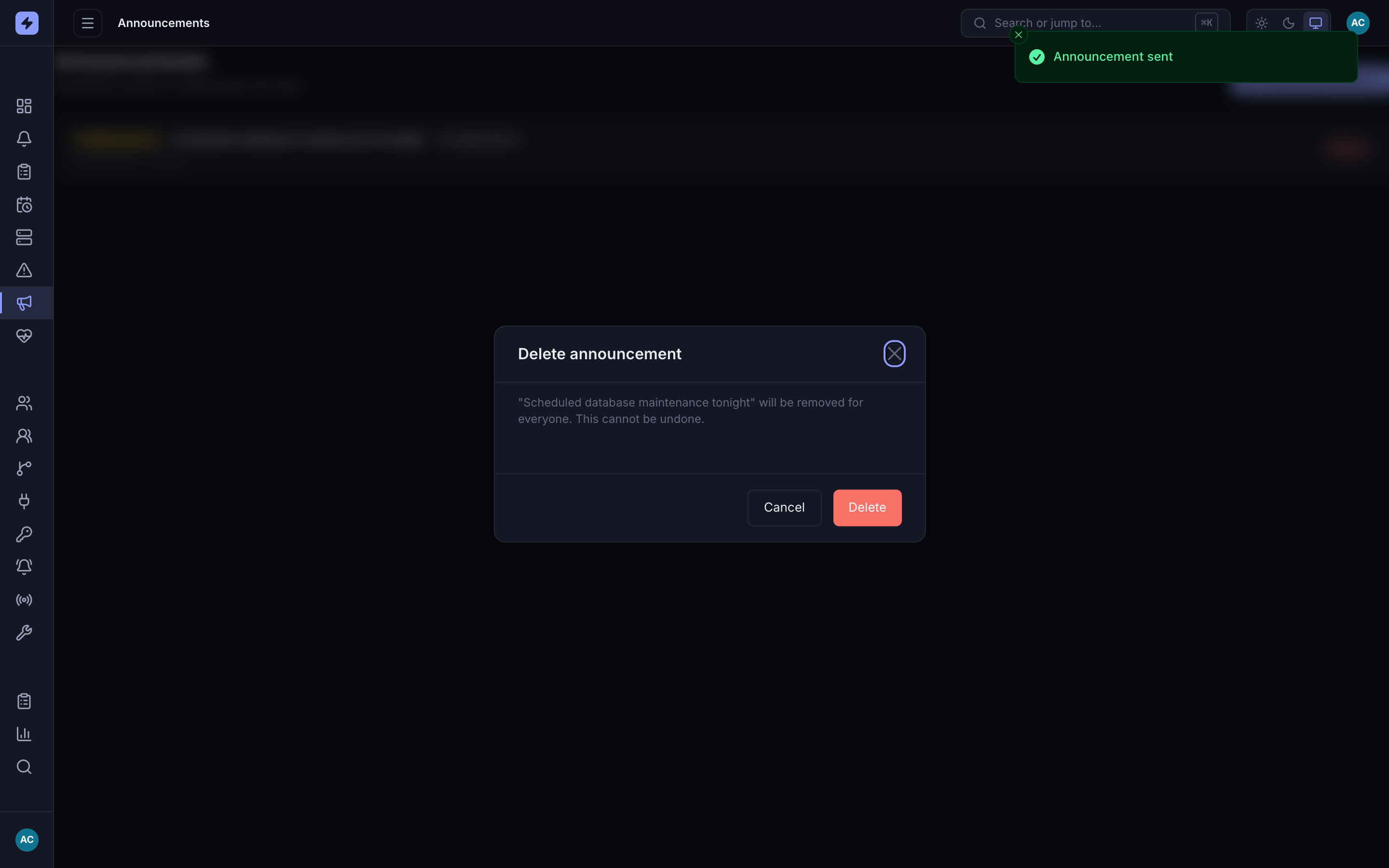 Delete announcement confirmation dialog reading 'will be removed for everyone. This cannot be undone.' with Cancel and Delete buttons