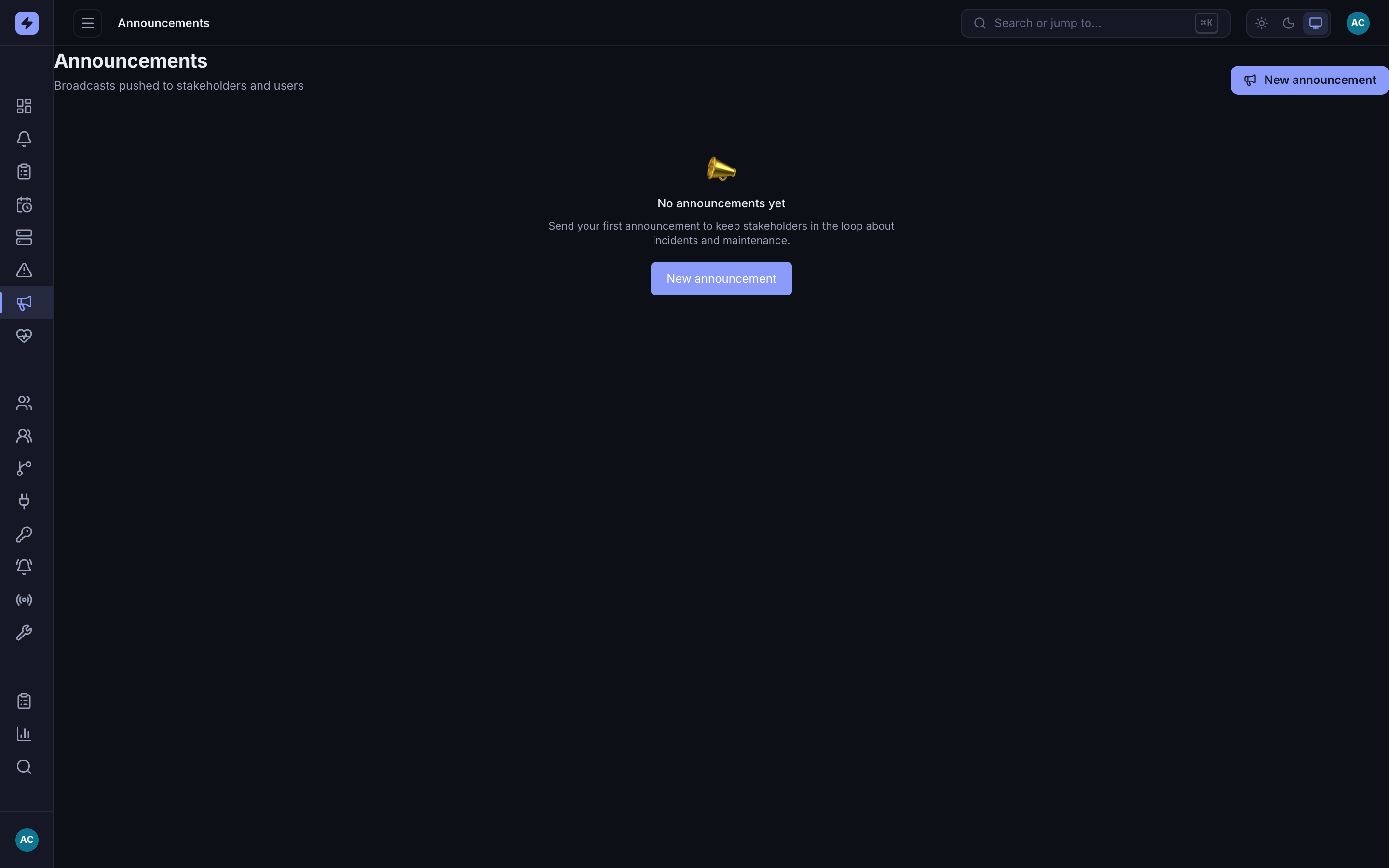 OpsPing Admin Announcements page in an empty state, with a megaphone icon, the message 'No announcements yet', and a New announcement button