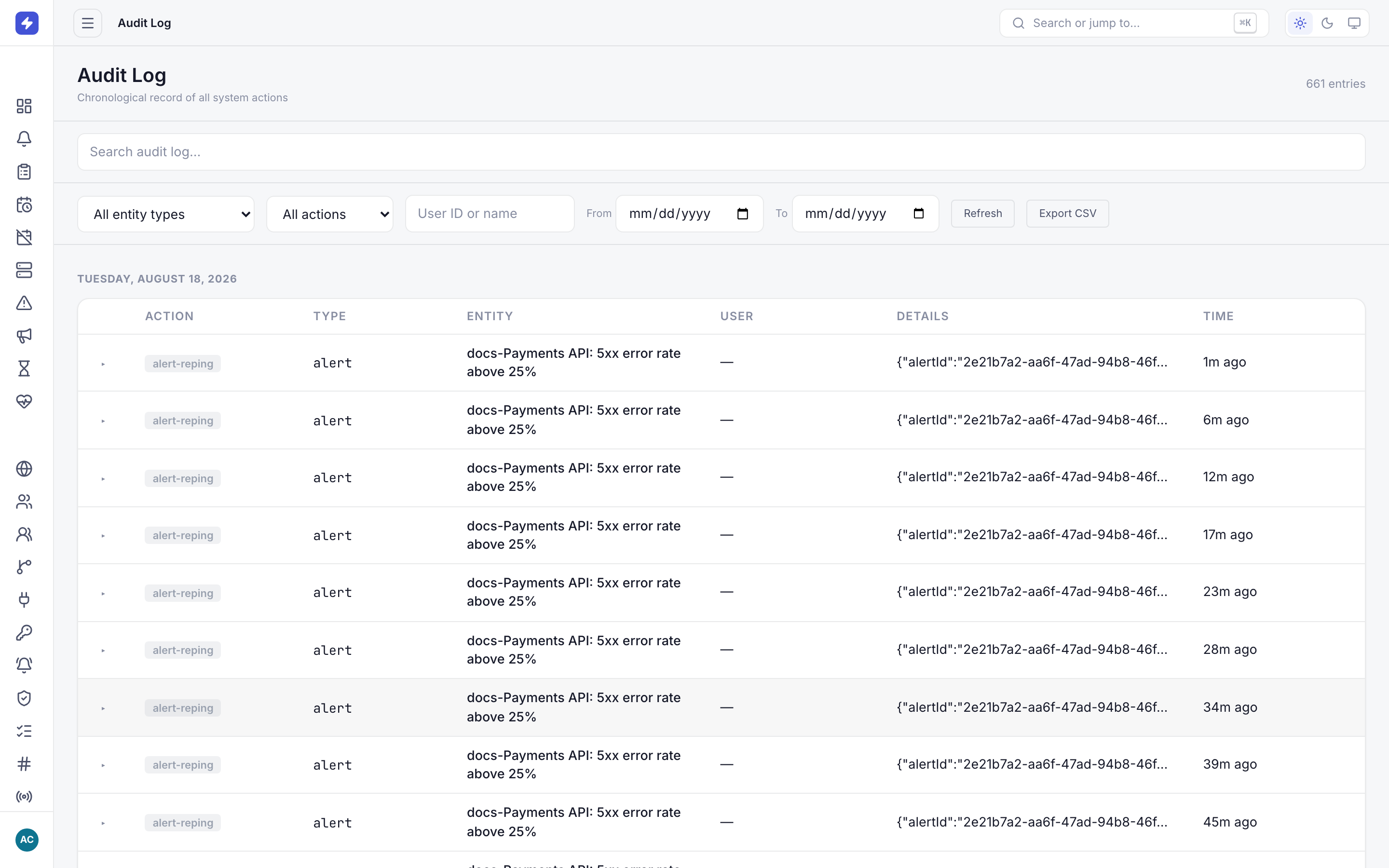 Audit log page with date-grouped entries and filter controls