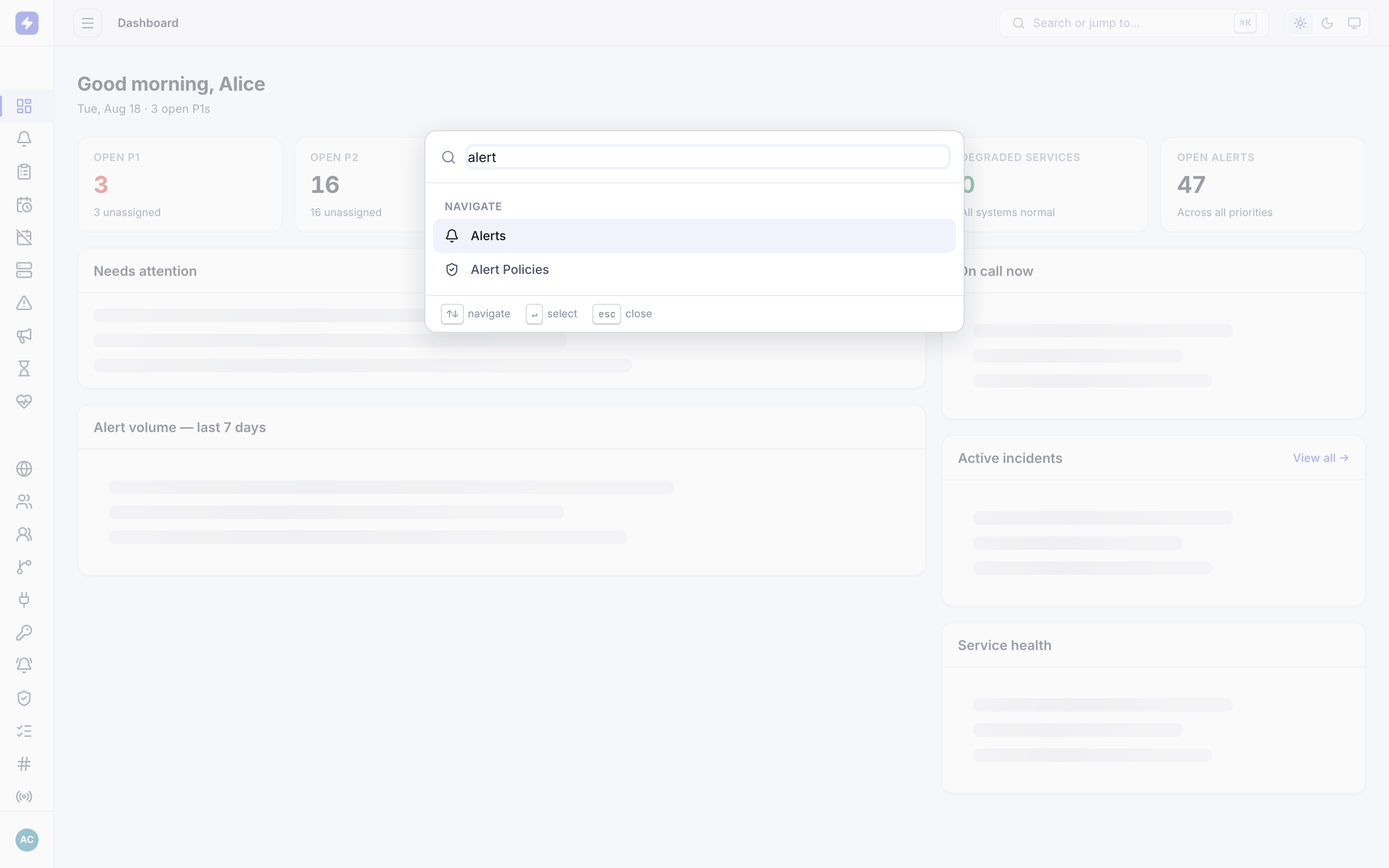 Command palette open with a search for alert showing matching navigation entries and alerts