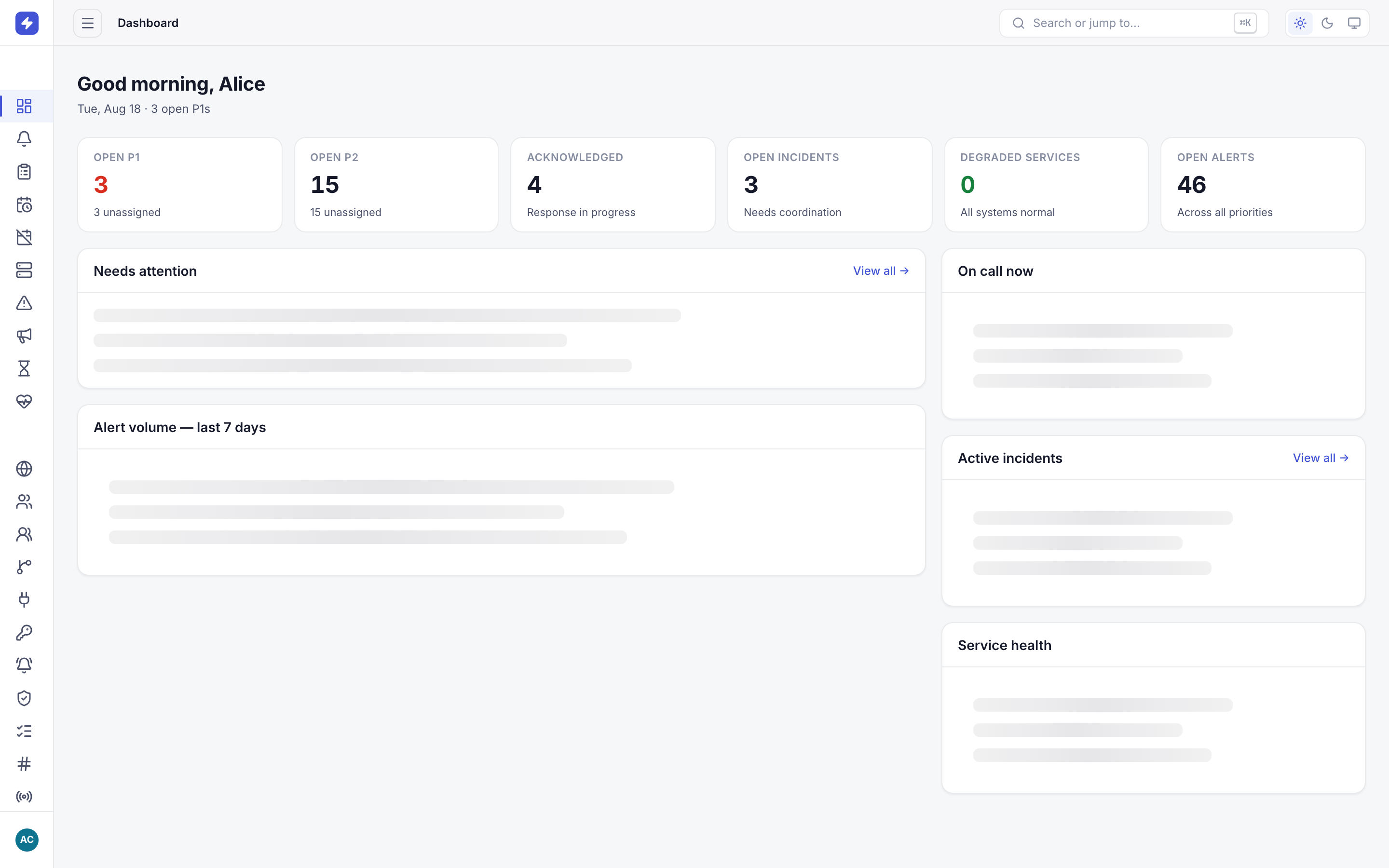 OpsPing admin dashboard with stat cards for open alerts, acknowledged alerts, open incidents and degraded services, plus recent alerts and on-call sections