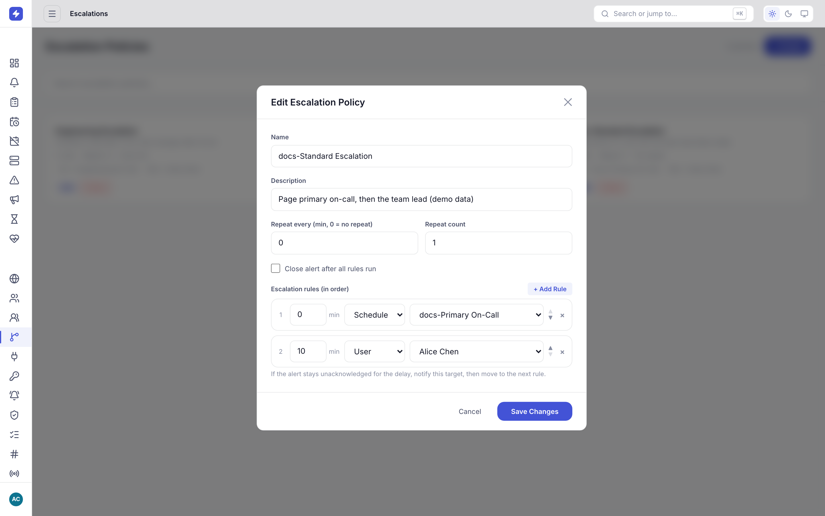Edit Escalation Policy modal with two rules and repeat settings