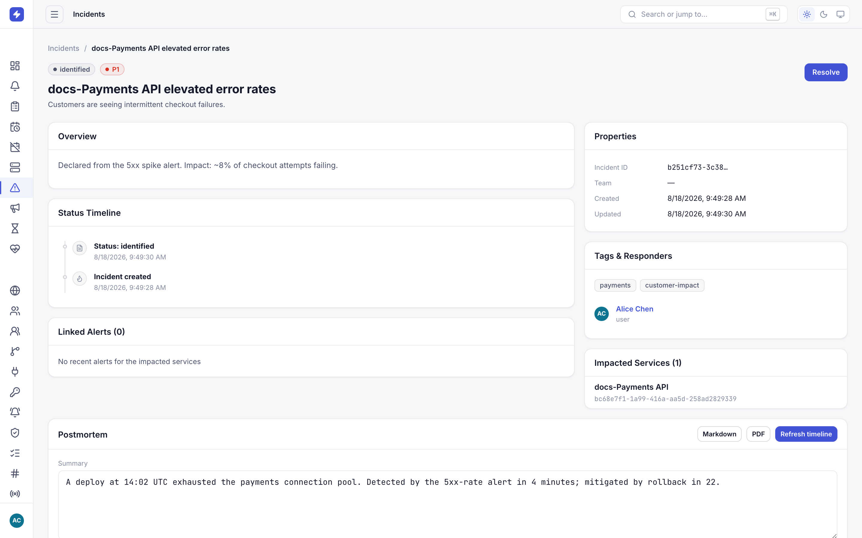 Incident detail page showing impacted services and status timeline for an investigating incident