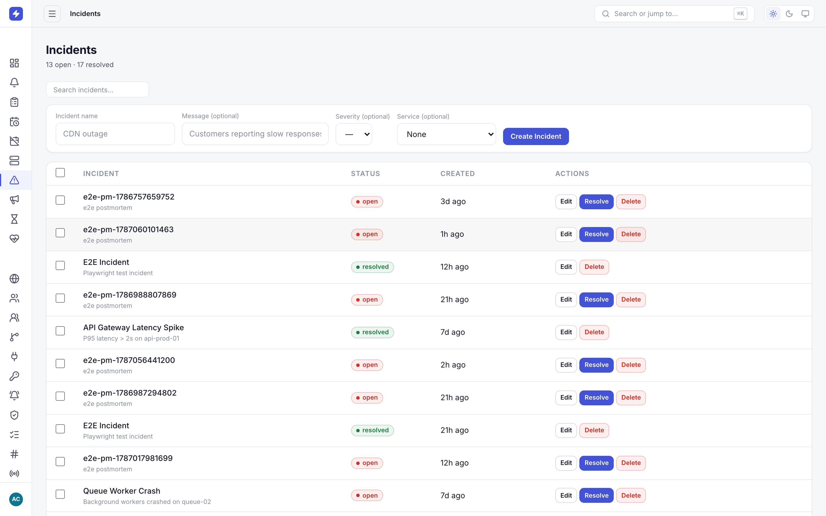 Incidents list showing an investigating P1 incident for the Payments API