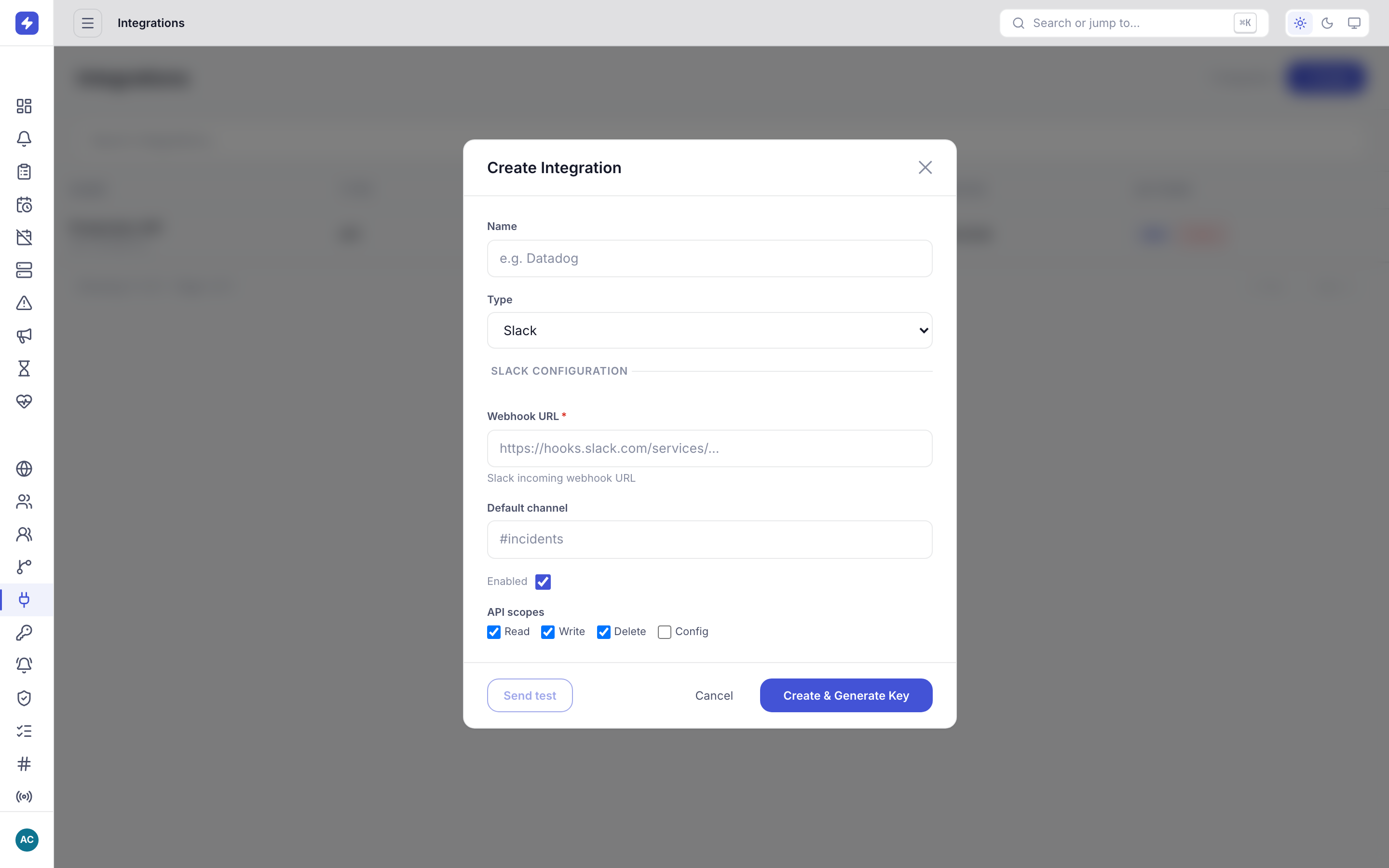 Create Integration modal with name, type selector and API scope checkboxes