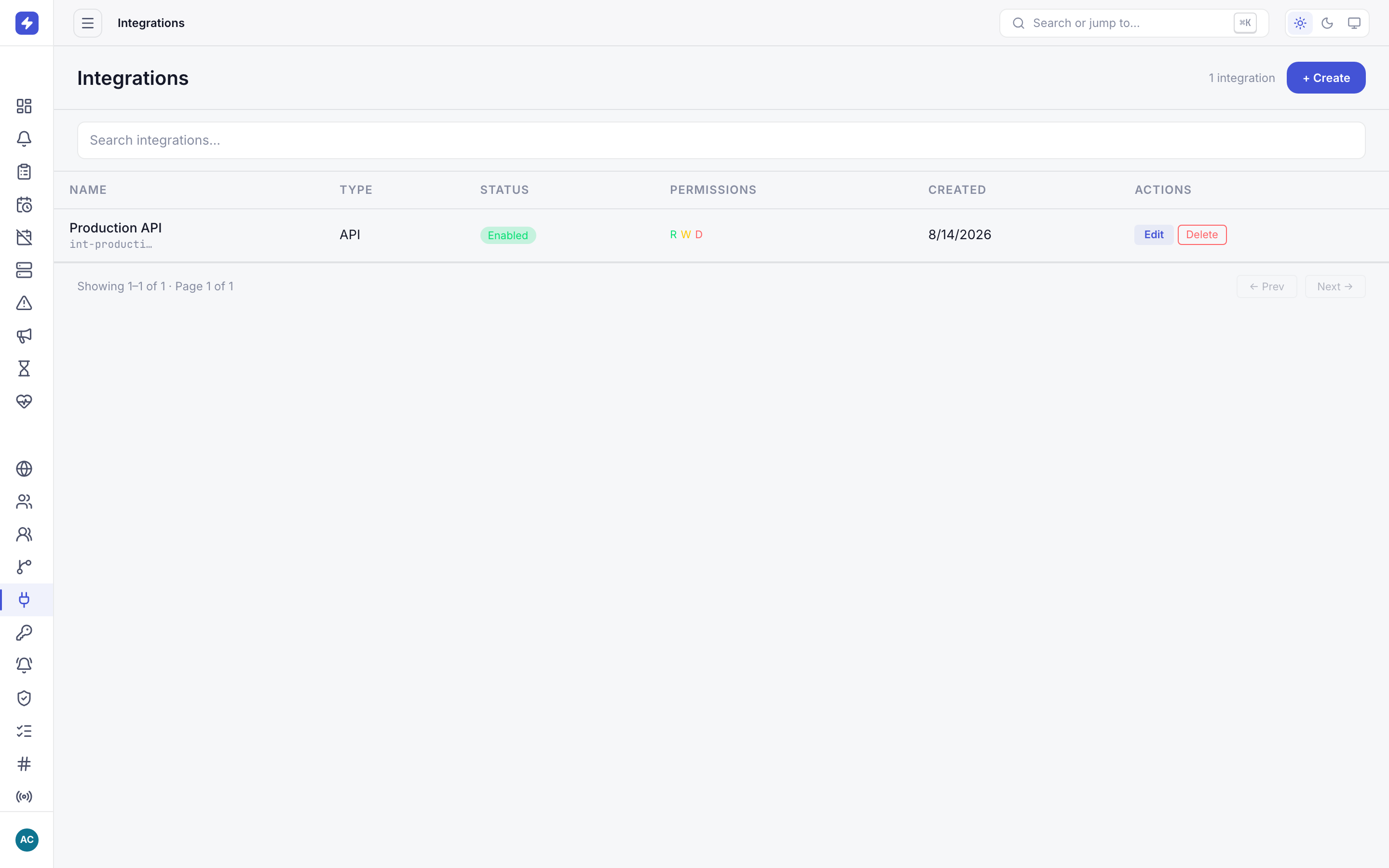 Integrations page listing API integrations with their permission scopes