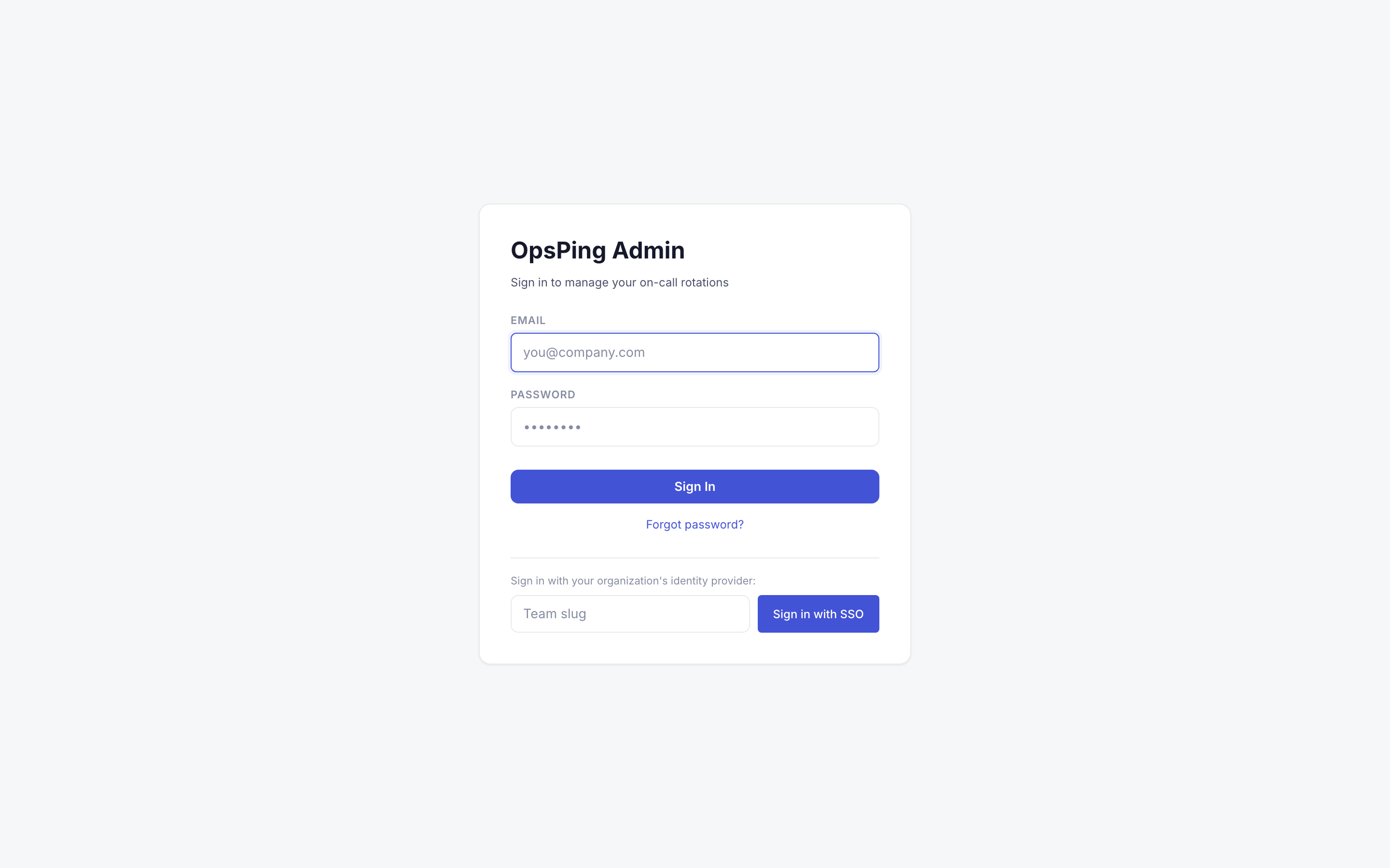 OpsPing Admin login page with email and password fields and a Sign In button