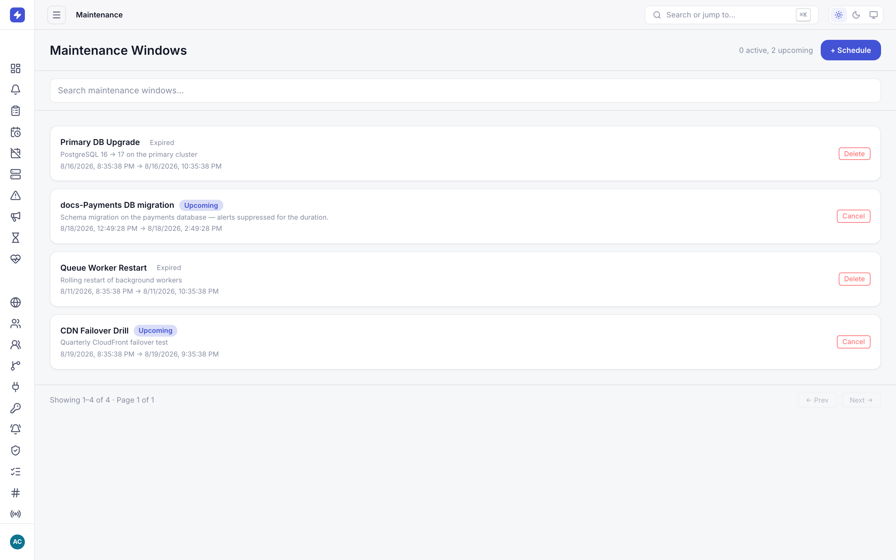 Maintenance windows page with an upcoming Payments DB migration window