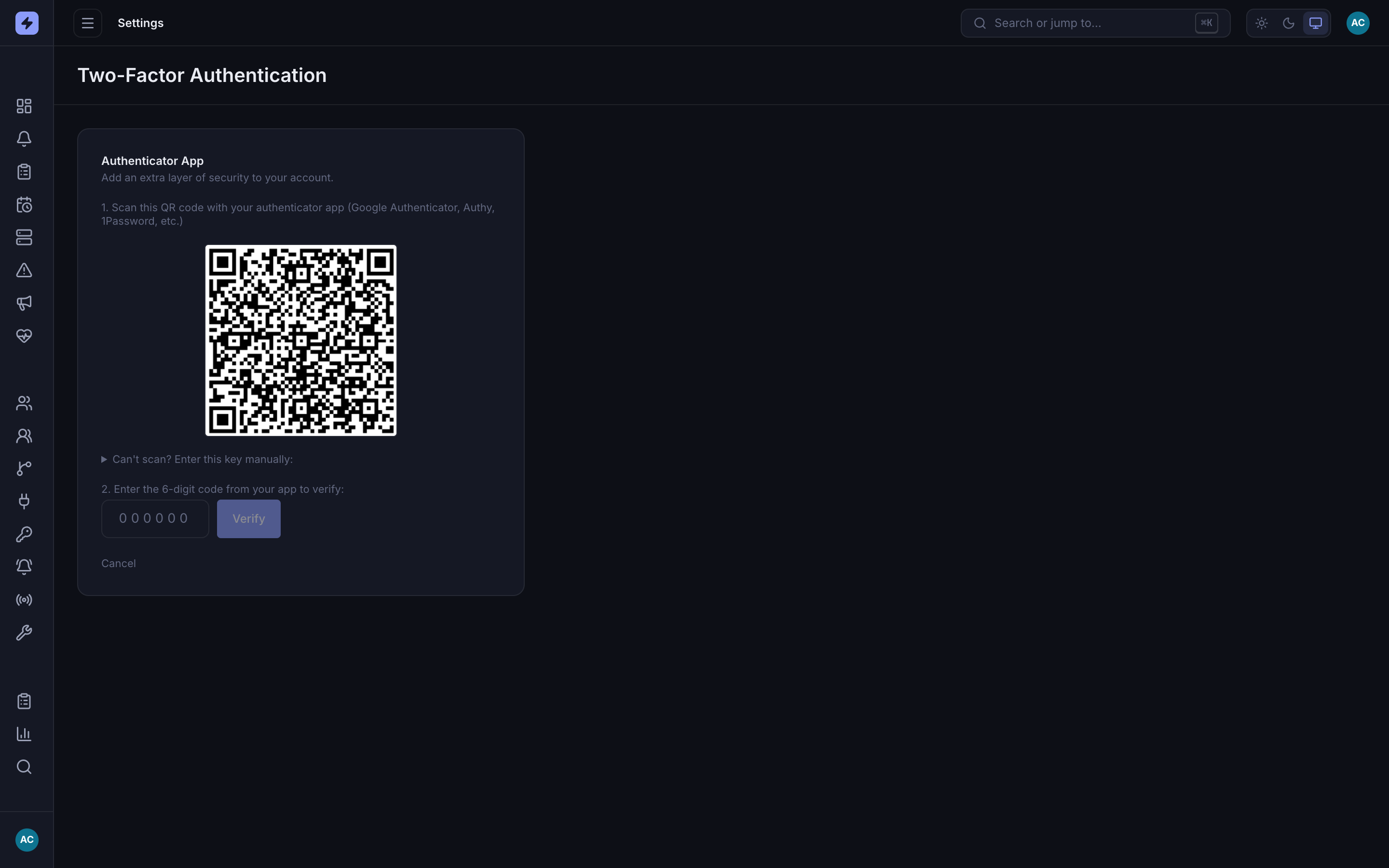 Two-Factor Authentication setup with a QR code, a manual-entry key, and a field for the 6-digit verification code