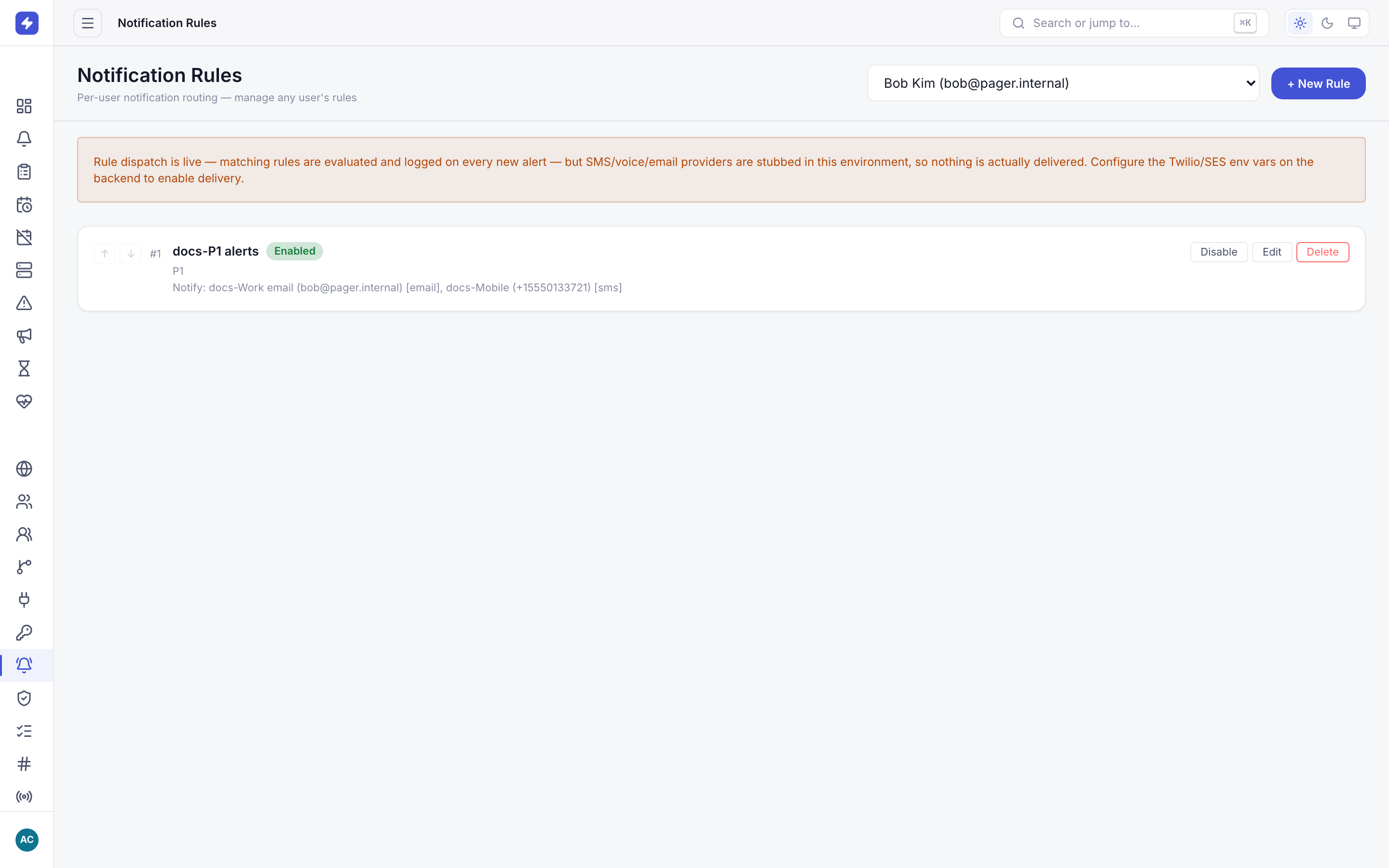 Notification rules page with Bob Kim selected, showing a rule that matches P1 alerts