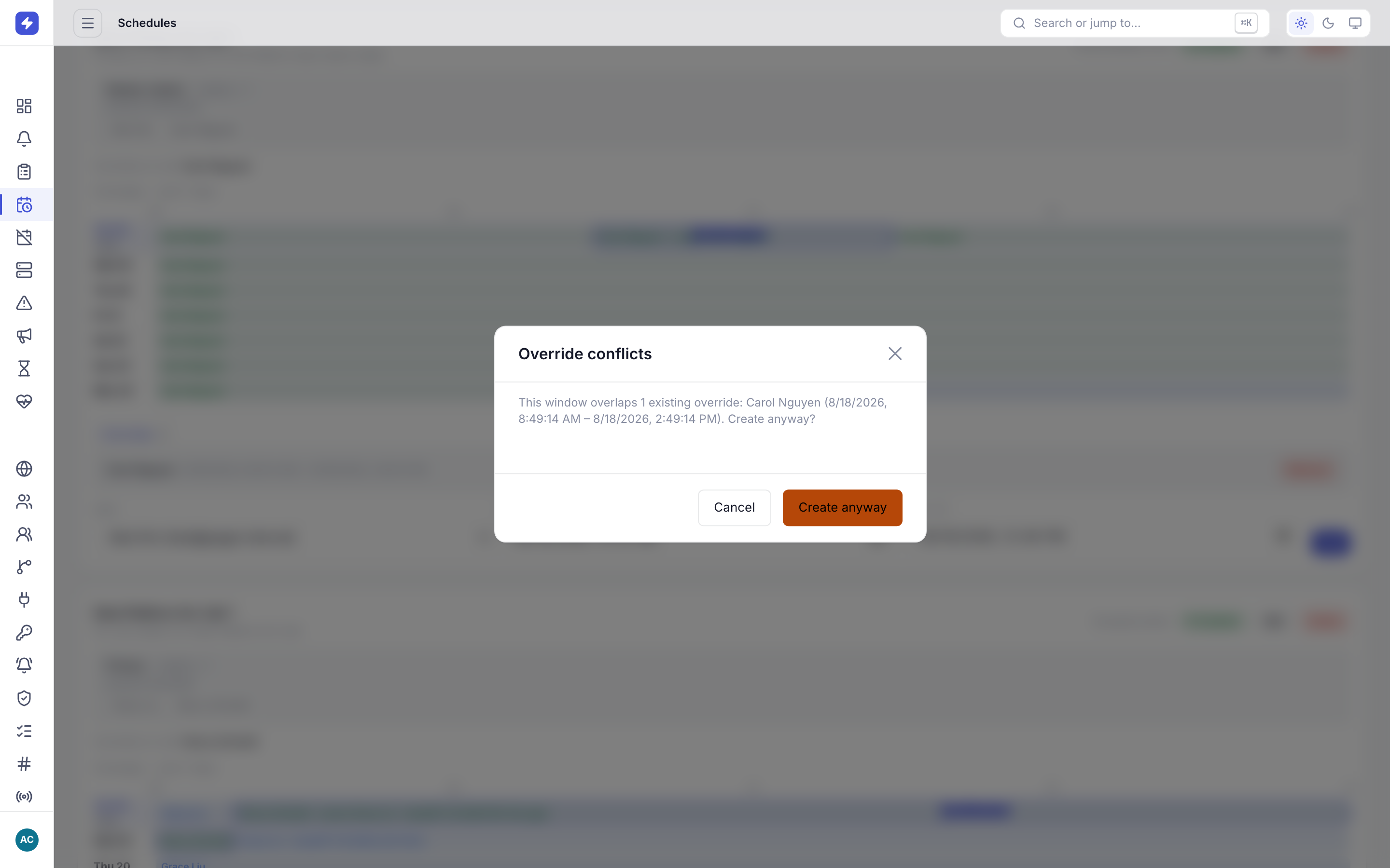 Override conflicts dialog warning that the new override overlaps an existing one