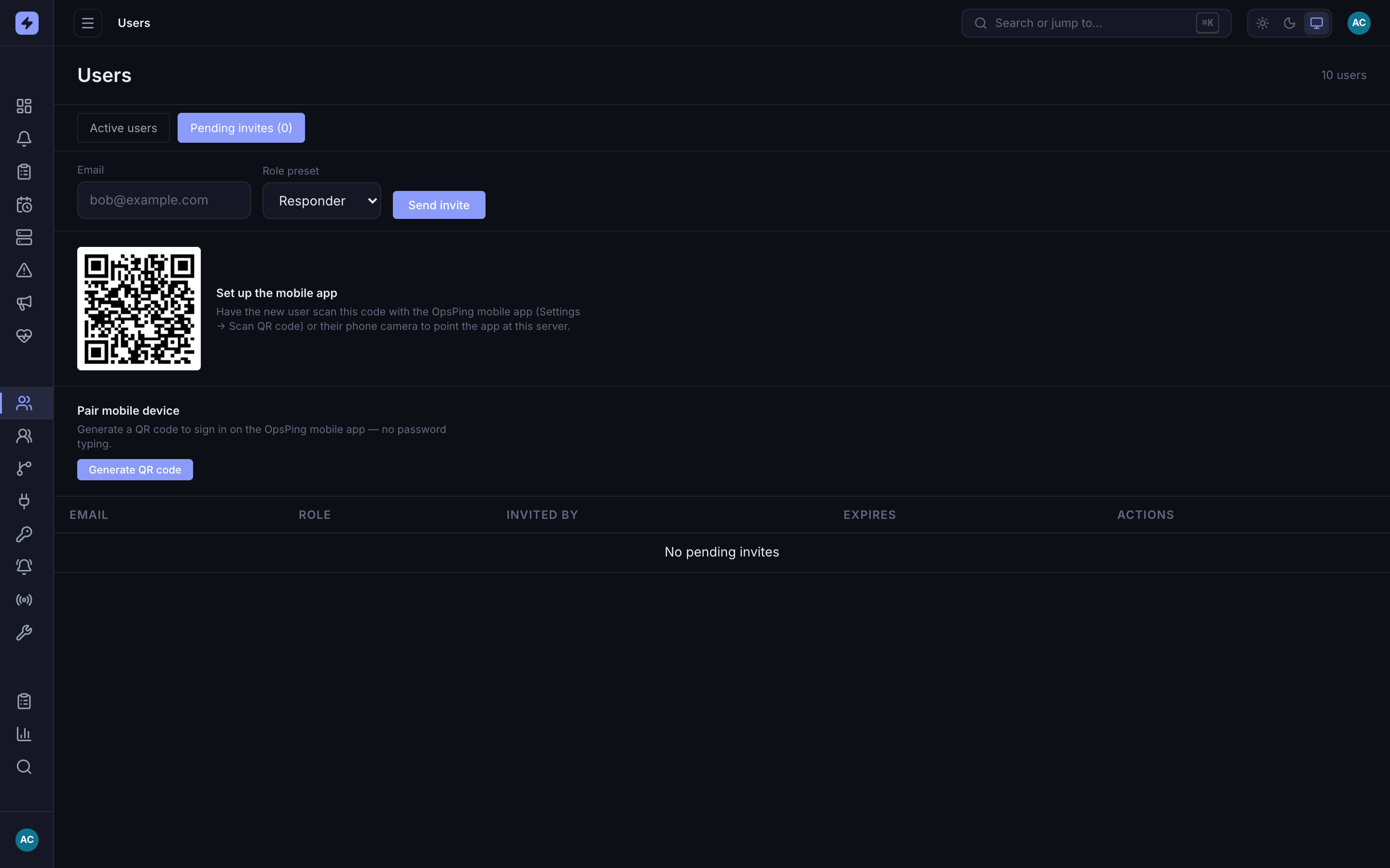 Users page Pending invites tab showing the 'Pair mobile device' panel with a 'Generate QR code' button and the static mobile-setup QR beside it
