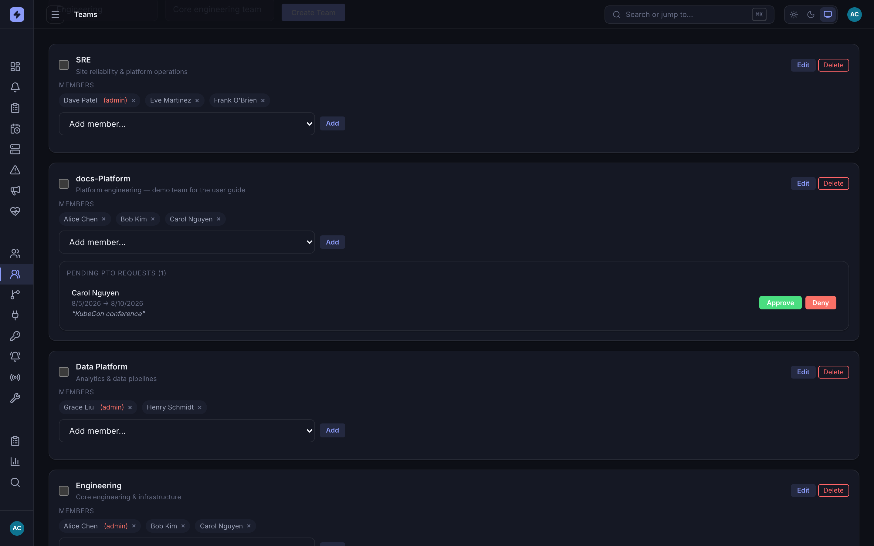 Teams page PENDING PTO REQUESTS section showing a request from Carol Nguyen for 8/5/2026 to 8/10/2026 with reason KubeCon conference and Approve and Deny buttons