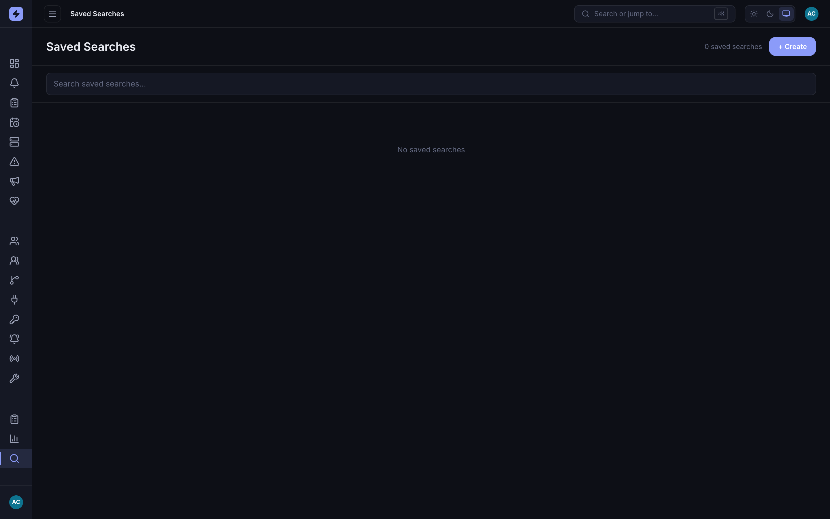OpsPing Admin Saved Searches page in an empty state, with a Create button and the message 'No saved searches'