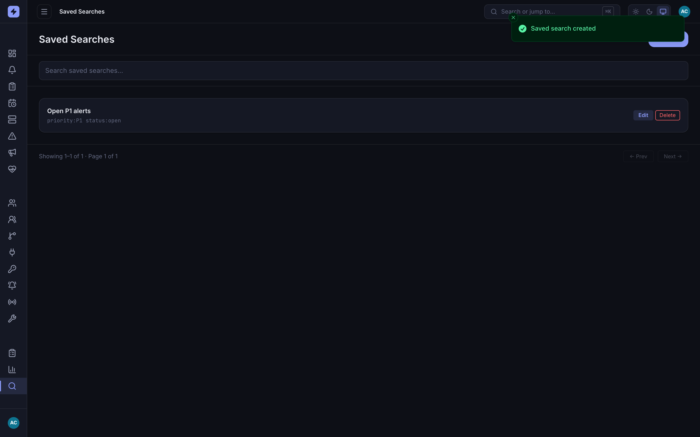 Saved Searches list with one entry, 'Open P1 alerts', showing the query 'priority:P1 status:open' and Edit and Delete buttons