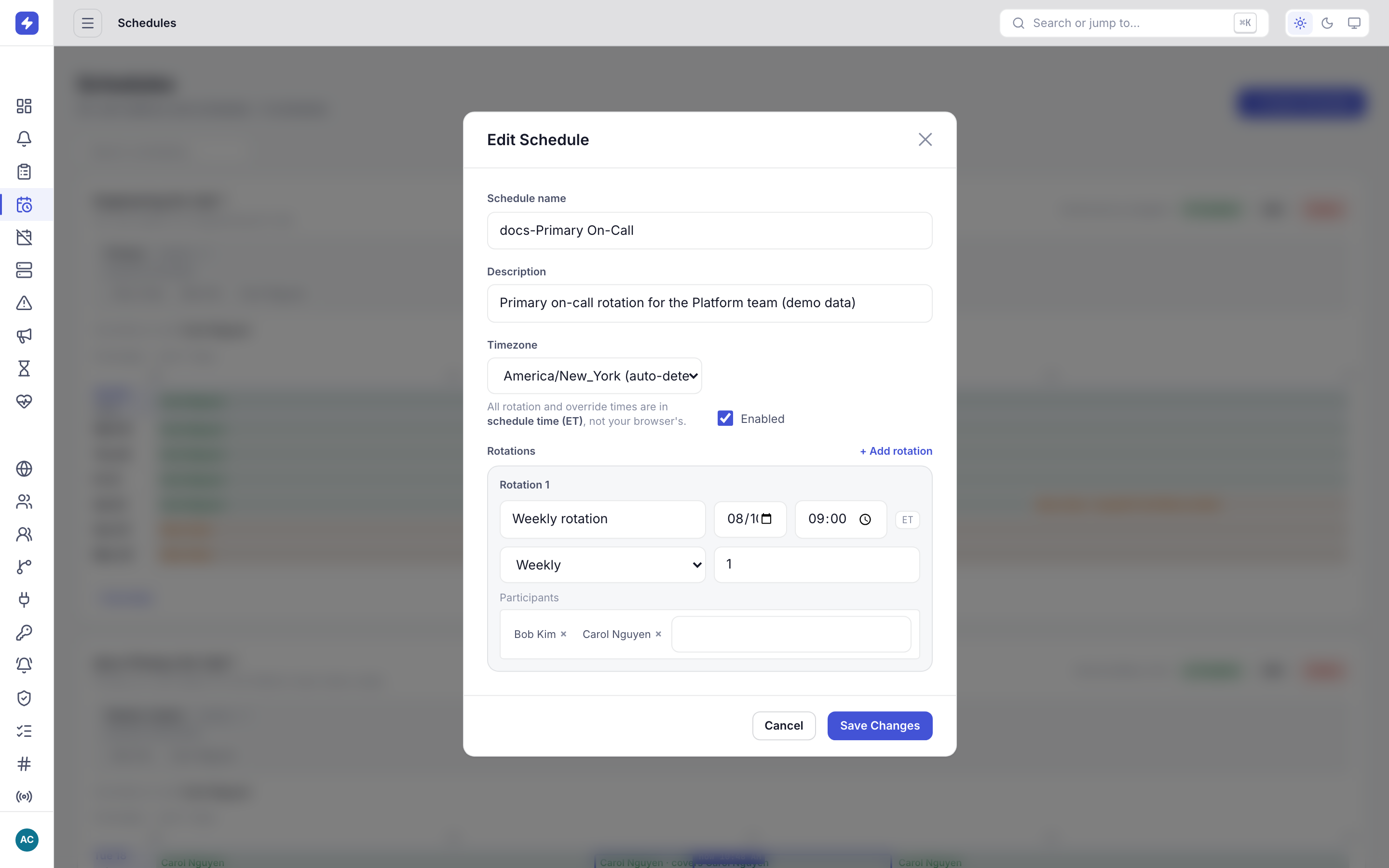 Edit Schedule modal with the rotations editor showing a weekly rotation with two participants