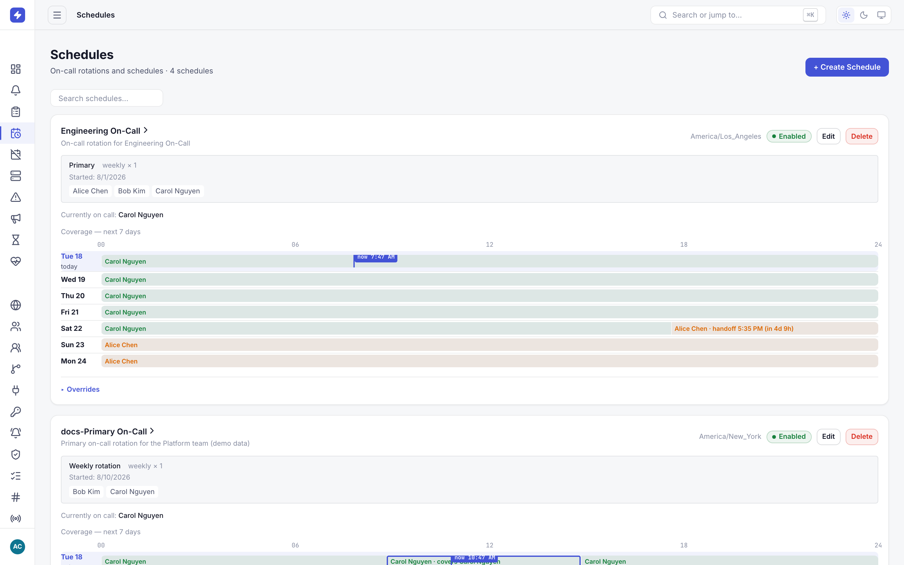 Schedules list with the Primary On-Call card showing a weekly rotation between two users and the current on-call person