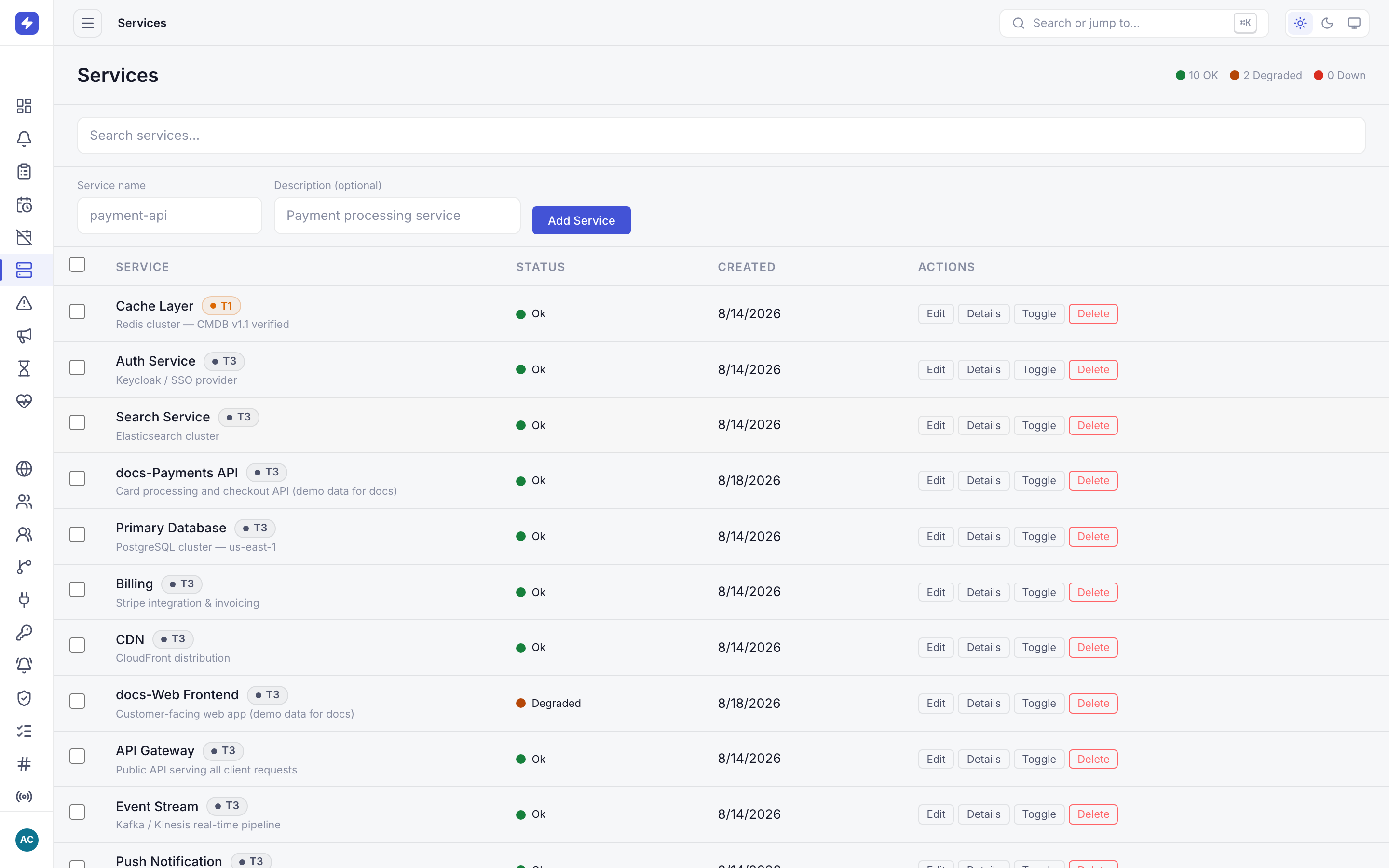 Services list with one OK service (Payments API) and one degraded service (Web Frontend)