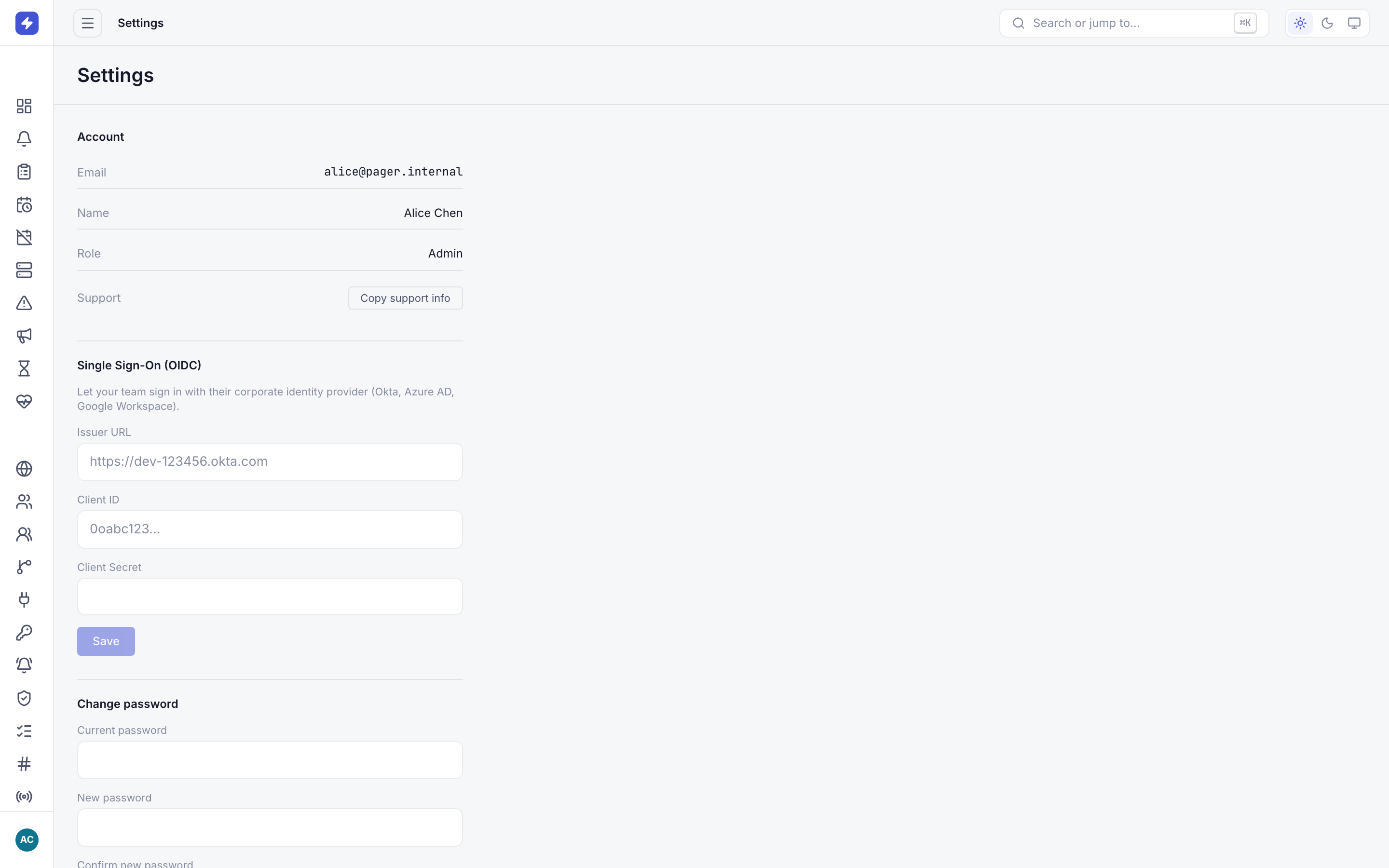Settings page showing account information and security options