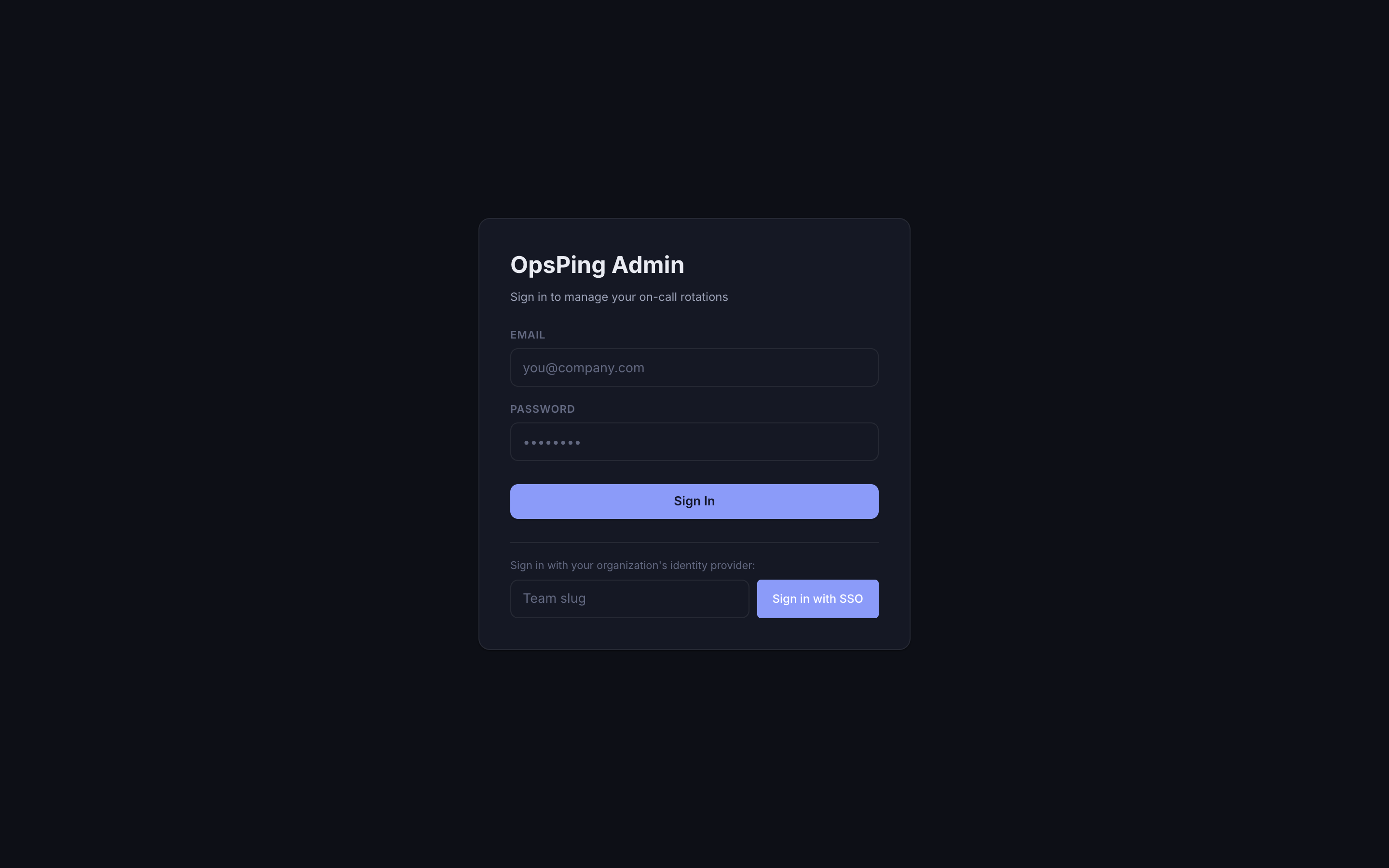 OpsPing sign-in page with email and password fields and a 'Sign in with SSO' option below