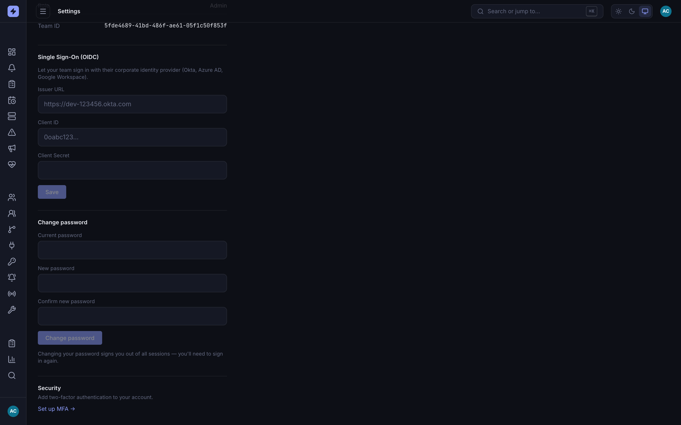 Settings page Single Sign-On (OIDC) section with Issuer URL, Client ID, and Client Secret fields and a Save button