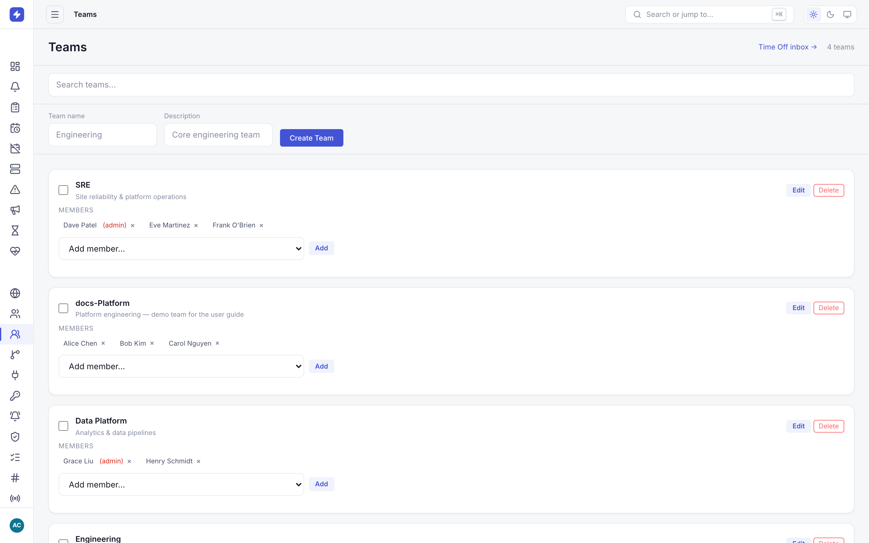 Teams page showing the Platform team with three members