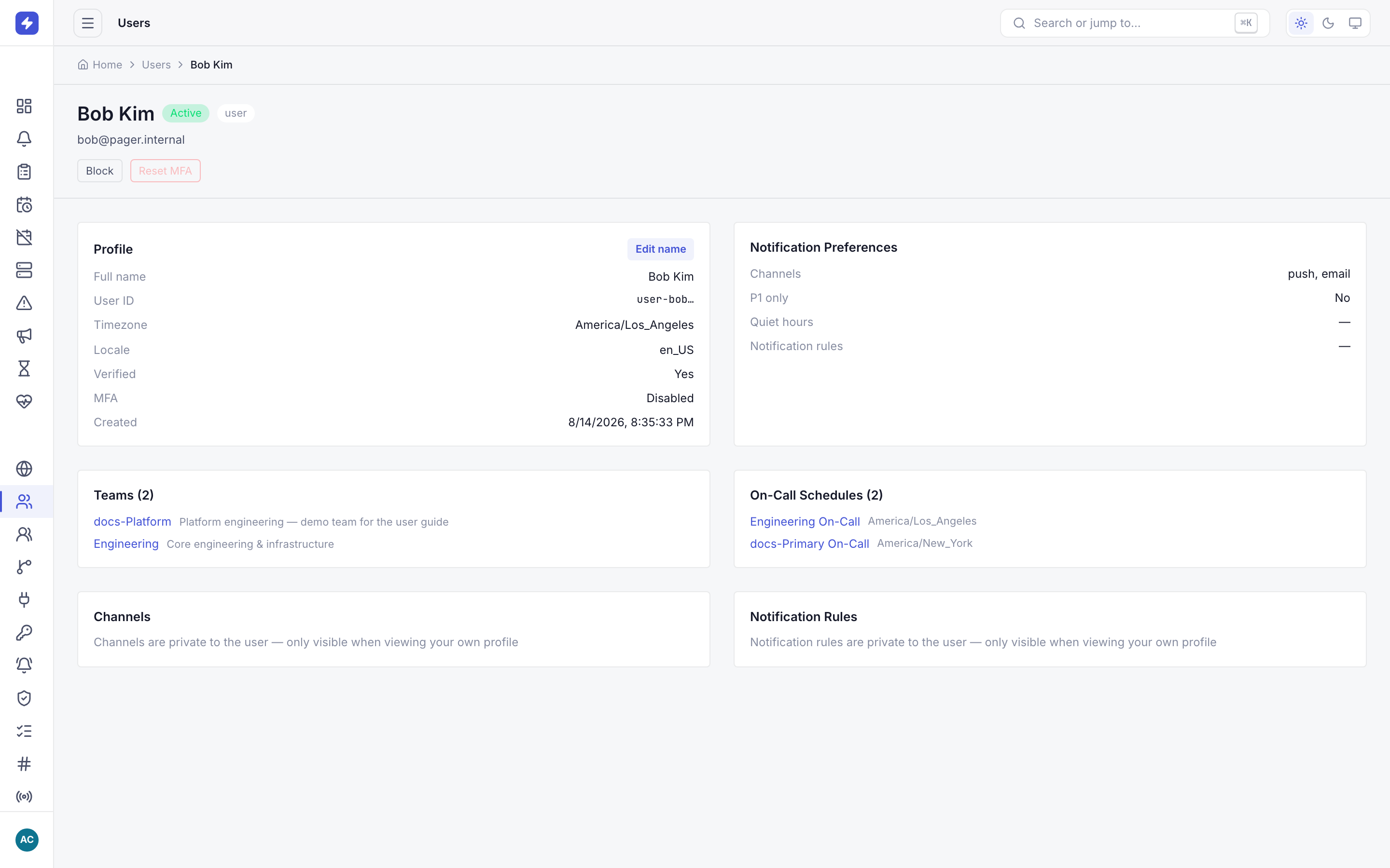 User detail page for Bob Kim with profile, teams, schedules, channels and notification rules sections