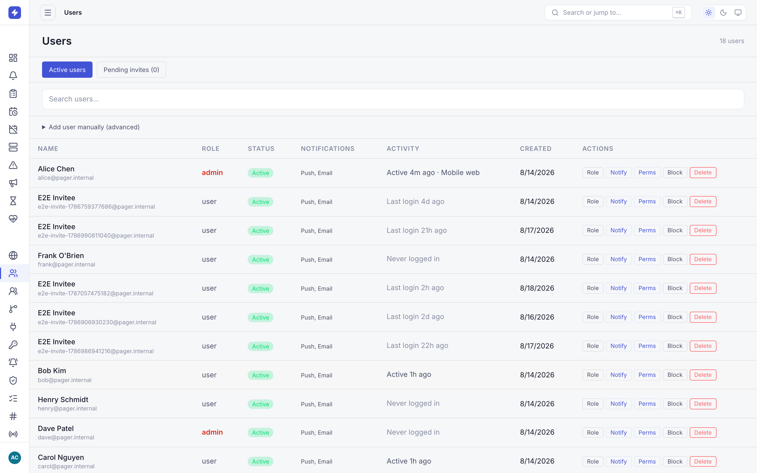 Users list showing team members with role and block controls