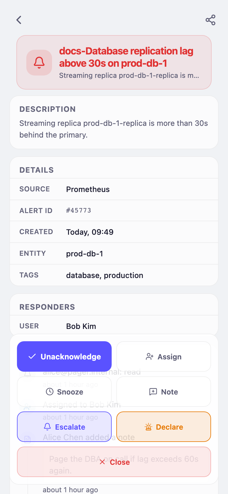 Mobile alert detail for a P1 alert showing the activity timeline and action bar