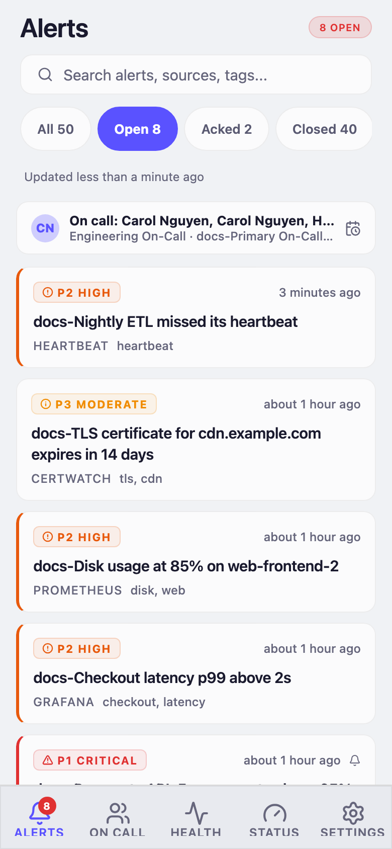 Mobile alerts tab showing P1 and P2 alert cards with the on-call banner