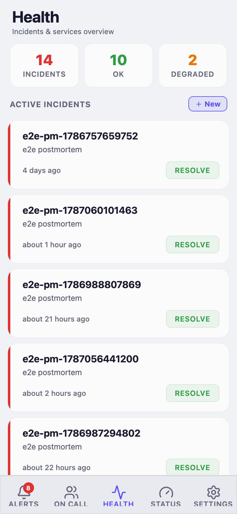 Mobile health tab showing incident and service status cards