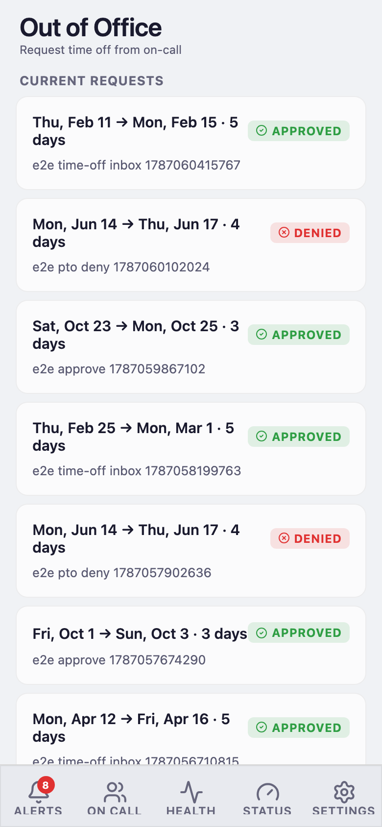 Mobile out-of-office screen with the new request form