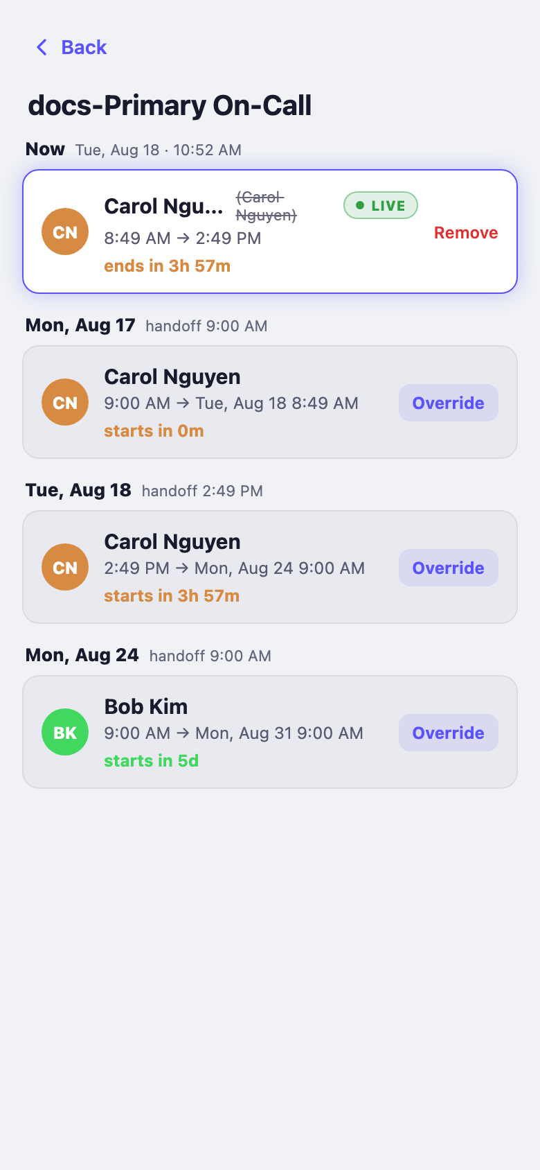 Mobile schedule detail showing the overrides section and a week of shifts