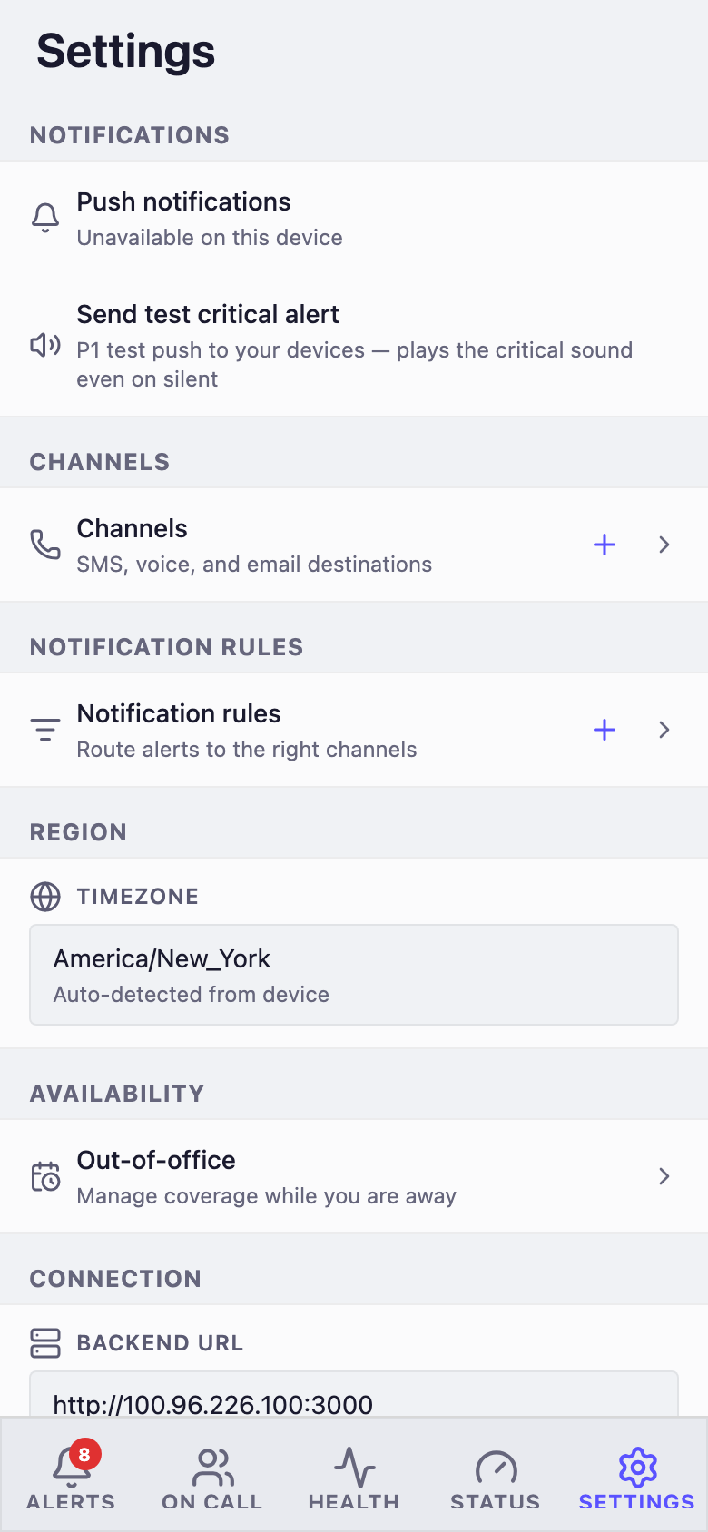 Mobile settings screen with backend URL, API key fields and test connection button
