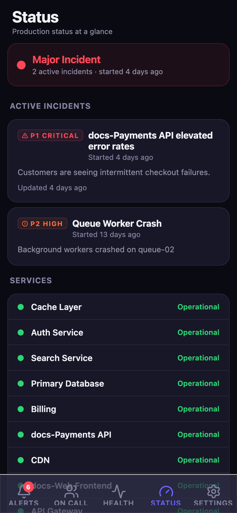 Mobile Status tab showing a Major Incident banner with two active incidents, a list of services marked Operational, and Maintenance and Announcements sections